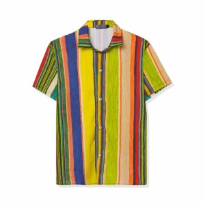 Lars　Amadeus　メンズ　アロハシャツ　半袖　ボタンダウン　ストライプ　カラーブロック　プリント　夏　イエロー　L