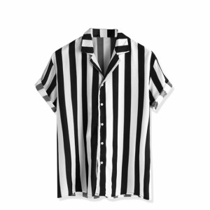 Lars　Amadeus　ストライプシャツ　半袖　ボタンダウンシャツ　襟付き　ビーチ　夏　メンズ　黒白　M