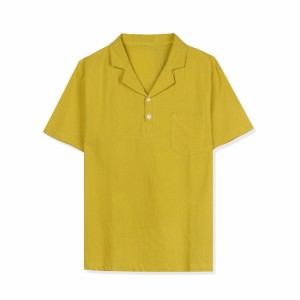 Lars Amadeus リネンシャツ ボタンダウンシャツ キャンプカラー 半袖トップス ポケット付き メンズ イエロー M