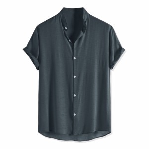 Lars Amadeus リネンシャツ ビーチシャツ バンドカラー 半袖 ボタンダウン メンズ グレー S