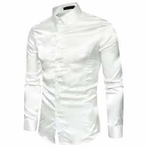 Lars Amadeus ドレスシャツ サテン ポイントカラー 長袖 ボタンダウン スリムフィット メンズ ホワイト M