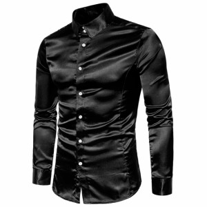 Lars Amadeus ドレスシャツ サテン ポイントカラー 長袖 ボタンダウン スリムフィット メンズ ブラック M