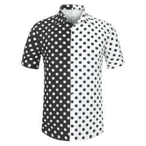 Lars Amadeus アロハシャツ サマー 水玉シャツ 半袖トップス ボタンダウン パッチワーク メンズ ブラックホワイト M