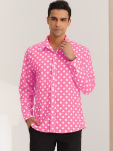 Lars Amadeus カジュアルシャツ 柄シャツ 長袖 ポルカドット 水玉プリント 折り襟 ボタンダウン メンズ ピンク XL
