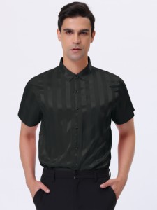 Lars Amadeus ワイシャツ サテンシャツ ストライプシャツ 夏 ポイントカラー 半袖 ボタンダウン 薄手 メンズ ブラック M