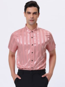 Lars Amadeus ワイシャツ サテンシャツ ストライプシャツ 夏 ポイントカラー 半袖 ボタンダウン 薄手 メンズ ピンク S