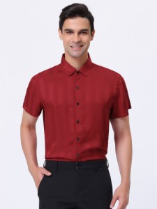 Lars Amadeus 夏 サテンシャツ レギュラーフィット 半袖 ストライプ ドレスシャツ 男性用 ビジネス オフィス 多色 メンズ レッド M