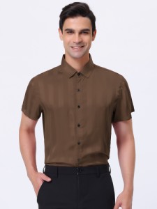 Lars Amadeus 夏 サテンシャツ レギュラーフィット 半袖 ストライプ ドレスシャツ 男性用 ビジネス オフィス 多色 メンズ ブラウン S