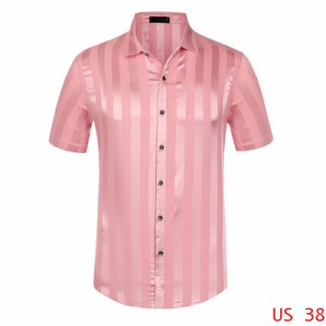 Lars Amadeus ワイシャツ サテンシャツ ストライプシャツ 夏 ポイントカラー 半袖 ボタンダウン 薄手 メンズ ピンク M
