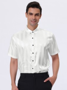 Lars Amadeus ワイシャツ サテンシャツ ストライプシャツ 夏 ポイントカラー 半袖 ボタンダウン 薄手 おしゃれ メンズ ホワイト M