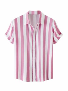 Lars Amadeus ハワイアンシャツ ストライプ アロハシャツ 縦縞 夏用 トップス レギュラーフィット 半袖 ボタンダウン メンズ ピンク L