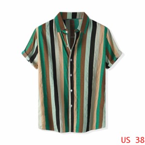 Lars Amadeus サマーシャツ ボタンダウンシャツ トップス ストライプ 縦縞 ハワイアン 半袖 夏用 カラフル 日常 カジュアル メンズ グリ