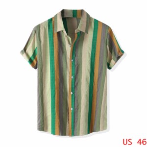 Lars Amadeus サマーシャツ ボタンダウンシャツ トップス ストライプ 縦縞 ハワイアン 半袖 夏用 カラフル 日常 カジュアル メンズ イエ