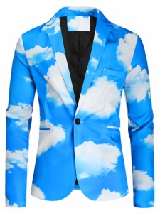 Lars Amadeus ブレザー ジャケット 春コート タキシード カジュアル 面白いプリント 雲柄 アーガイル柄 パターン プロム フォーマル メン