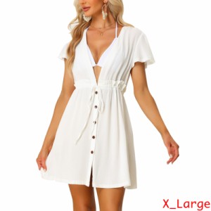 Allegra K ミニワンピース 深いVネック 半袖ドレス 前結び レディース ホワイト XL
