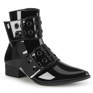 Demonia(デモニア) WARLOCK-55 ダブルグロメットバックル ポインテッドトゥアンクルブーツ エナメル黒 #Men's/Unisex◆取り寄せ