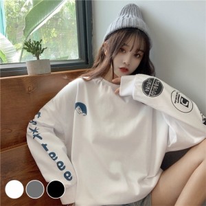 オーバーサイズ スリーブプリント ロンT Tシャツ ビッグT ビッグシルエット ビッグTシャツ 韓国 韓国ファッション 韓国服 プチプラ スト