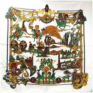 エルメス カレ スカーフ 『AU ＦＩＬ ｄｅｌａ ＳＯＩＥ』絹糸の赴くままに オフホワイト 中古 Ａランク Hermes|