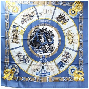 エルメス シルク スカーフ カレ90『CHEVAUX DE TRAIT』 輓馬 ブルー 中古 Aランク Hermes|