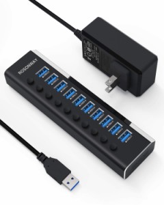 USB3.0ハブ 電源付き ROSONWAY 10ポート USBハブ アルミ製 5Gbps高速転送 セルフパワー USB拡張 独立スイッチ付 12V/