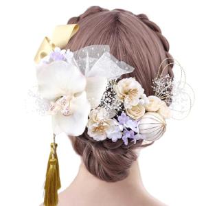 かんざし 髪飾り 「象牙調白色×珊瑚風ビーズ 桜」花嫁さん