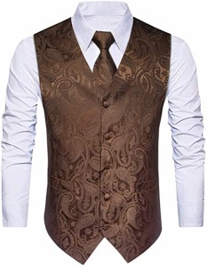 ブラウン ベスト メンズ スーツベスト ネクタイ セット 大きいサイズ 2ポケット Vネック 6ボタン ビジネス 結婚式 ベスト 男性 礼服 XL