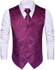 パープル ベスト メンズ スーツベスト紫 ビジネス 結婚式ベスト 紳士 ６ボタン ネクタイ ポケットチーフ ジレ 男性 L