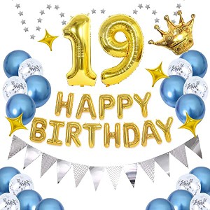 19歳 数字誕生日風船 飾り 数字バルーン 組み合わせ 「HAPPY BIRTHDAY」バナー ハッピー バースデー 青いバルーン ゴールド 紙吹雪風船 