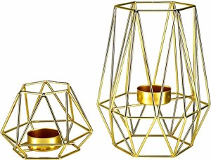 ゴールド 幾何学な金属ティーライトキャンドルホルダー 鉄フレーム燭台 2個セット 居間および浴室の装飾のため コーヒーテーブルの飾り (