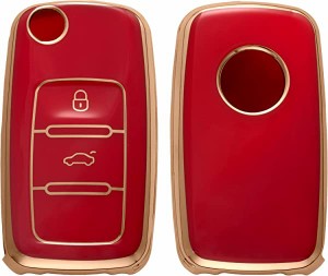 VW Skoda Seat 3-ボタン 車のキー ケース TPU スマートキーケース 光沢仕上げ 車鍵 保護 赤色/ゴールド 送料無料