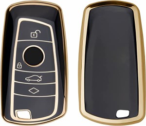 BMW 3-ボタン 車のリモートキー (Keyless Go 対応機種のみ) ケース TPU スマートキーケース 光沢仕上げ 車鍵 保護 黒色/ゴールド 送料無