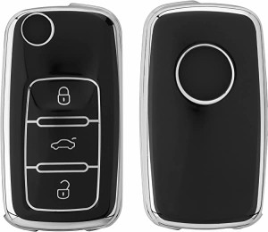 VW Skoda Seat 3-ボタン 車のキー ケース TPU スマートキーケース 光沢仕上げ 車鍵 保護 黒色/シルバー