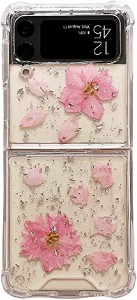 Samsung Galaxy Z Flip4 5G ケース クリア シリコーン かわいい 花柄 ケース おしゃれ ピンク 花 本物の花びら デザイン 女性 人気 薄型 