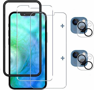 iPhone13 mini ガラスフィルム（2枚入）+カメラフィルム（2枚入）[4枚セット] 強化ガラス 保護フィルム ガイド枠付き 硬度9H 高透過率 気