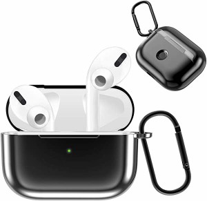 Airpods pro ケース エアーポッズ プロ カバー ソフト TPU素材 メッキ仕上げ 耐衝撃 前のLEDライトが見える 装着充電可能 カラビナ付き 