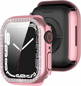 Apple Watch 45mm ケース メッキ加工バンパー PCケース 一体型 強化ガラス画面カバー クリスタルダイヤ付き アップルウォッチカバー 女性