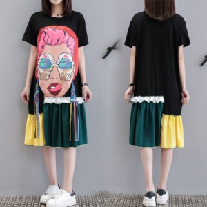 ワンピース ロング レディース Tシャツ 半袖 ロングワンピース 個性的 不規則 プリーツ きれいめ カジュアル 韓国ファッション
