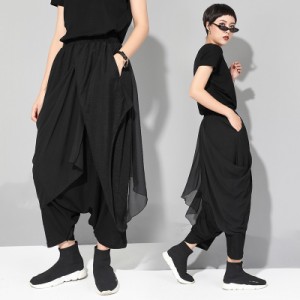 サルエルパンツ レディース ワイドパンツ モード系 レース 9分丈 レイヤード パンツ アラジンパンツ ゆったり クロップドパンツ ゴシック