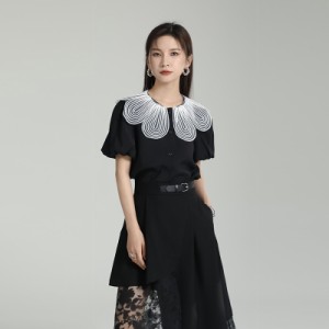 シャツ レディース ブラウス モード系 半袖 個性的 デザイン 大人 きれいめ トップス 黒 パフスリーブ 韓国ファッション 春 夏