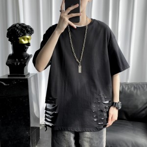 Tシャツ メンズ ダメージ カット シャツ ストリート系 半袖 トップス カットソー ルーズ ゆったり きれいめ レイヤード 黒 春 夏