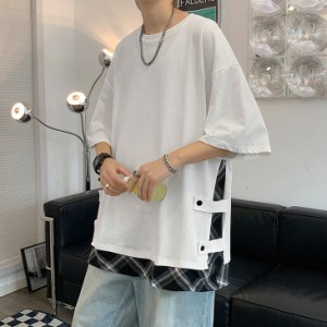 Tシャツ メンズ トップス 半袖 ティーシャツ オーバーサイズ ストリート系 黒 かわいい 韓国ファッション 重ね着風 10代 20代 30代 40代