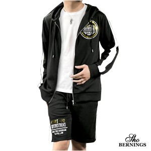 セットアップ ジャージ 長袖 上下 エンボス加工 パーカー ショートパンツ フード フルジップ mens メンズ(ブラック黒ゴールド金) 308152