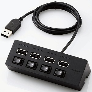 ELECOM [U2H-TZS428BBK] USB2.0ハブ/機能主義/個別スイッチ付/バスパワー/4ポート/100cm/ブラック