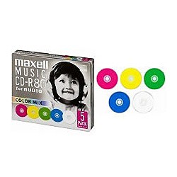 Maxell [CDRA80MIX.S1P5S] 音楽用CD-R、録音時間80分、カラーレーベル、5枚パック、1枚ずつプラケース入り