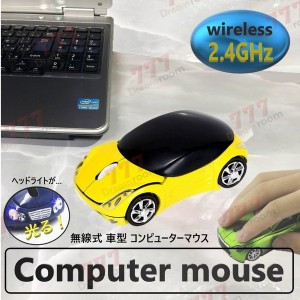 2.4GHz car マウス 【09 イエロー 】 ワイヤレスマウス 無線 USB 光学式 ゲーミング コードレス 車