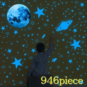 暗闇で光る☆蓄光 946ピース 星 set ブルー 月 宇宙 惑星 ウォールステッカー 壁 天井 シール  リメイク DIY