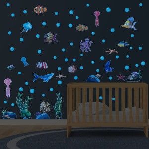 暗闇で光る☆蓄光 03 海の生き物 set ブルー 魚 海 seaウォールステッカー 壁 天井 シール  リメイク DIY