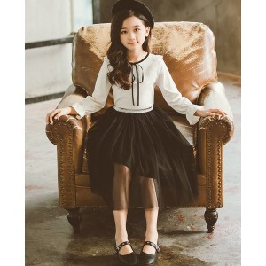 白×黒 フリルブラウス＆シフォンチュールスカート お出かけ フォーマル セットアップ 子供服 女の子