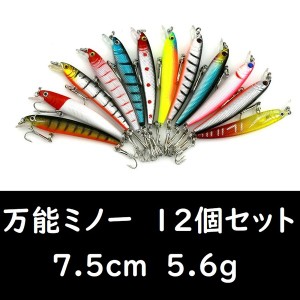 ★お買得★ 万能ミノー7.5cm 5.6g 12種12個セット ブラックバス シーバス 青物 ヒラメ マゴチ 根魚 など 疑似餌 釣り