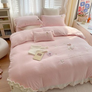 BS22冬用フランネル寝具 ワイドダブル ベッド用品4点セット ボックスシーツ ピンク